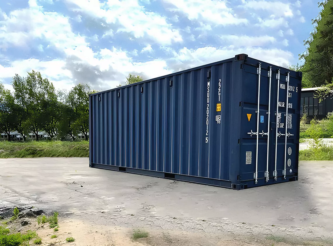 Blue container on a field